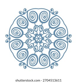 Copo de nieve de Plantilla azul con sombra. Icono aislado de copos de nieve, mandala redondo. Ilustración plana de dibujos animados de Festiva de invierno. Feliz Navidad y Vector de Nuevo año. Estilo de dibujo a mano.