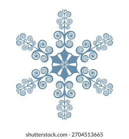 Copo de nieve de Plantilla azul con sombra. Icono aislado de copos de nieve, mandala redondo. Ilustración plana de dibujos animados de Festiva de invierno. Feliz Navidad y Vector de Nuevo año. Estilo de dibujo a mano.