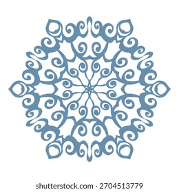 Blue template snowflake with shadow. Isolated snowflakes icon, round mandala. Winter Holiday cartoon flat illustration. Merry Christmas and New year Vector. Hand draw style.
