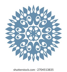 Copo de nieve de Plantilla azul con sombra. Icono aislado de copos de nieve, mandala redondo. Ilustración plana de dibujos animados de Festiva de invierno. Feliz Navidad y Vector de Nuevo año. Estilo de dibujo a mano.
