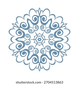 Floco de neve de modelo azul com sombra. Ícone isolado de flocos de neve, mandala redonda. Ilustração plana do desenho animado Winter Holiday. Feliz Natal e Ano Novo Vetor. Estilo de desenho da mão.