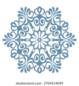 Blue template snowflake with shadow. Isolated snowflakes icon, round mandala. Winter Holiday cartoon flat illustration. Merry Christmas and New year Vector. Hand draw style.