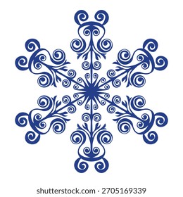 Blue template snowflake with shadow. Isolated snowflakes icon, round mandala. Winter Holiday cartoon flat illustration. Merry Christmas and New year Vector. Hand draw style.