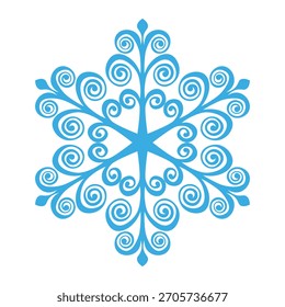 Copo de nieve de Plantilla azul con sombra. Icono aislado de copos de nieve, mandala redondo. Ilustración plana de dibujos animados de Festiva de invierno. Feliz Navidad y Vector de Nuevo año. Estilo de dibujo a mano.