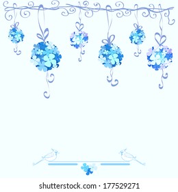 blue tender background with hydrangea flowers