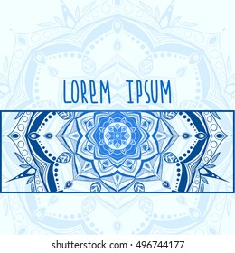 Blue tender hand drawn mandala postcard vector background