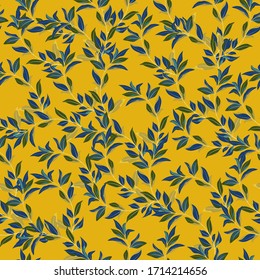 Blue tender twigs on a yellow color background. Seamless vector floral pattern. Square spring template for fabric, wallpaper and design.