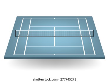 Blue tennis court with netting. Vector EPS10 illustration. 