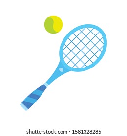 Blue tennis racket and ball isolated flat vector icon