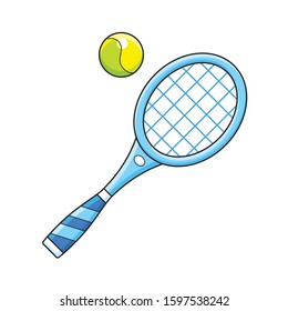 Blue tennis racket and ball isolated cartoon vector