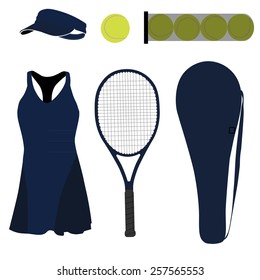 Blue tennis set with sportswear, tennis cap, tennis ball, plastic tube with balls, racket case, tennis dress
