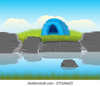 The Blue tent ashore calm yard.Vector illustration