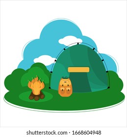 Blue tent, bonfire, orange backpack on glade in forest and 
nobody's there . Camping landscape on summer day. Bright Illustration on flat style. Concept active vacation and relaxation outdoors. 