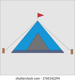 Blue tent camp with a red flag above it. Suitable for adventure and outdoor activity