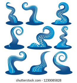 Blue tentacles of an octopus frame, ocean motive flat cute cartoon illustration for web and print, cute decoration. 