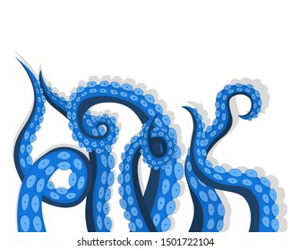 Blue Tentacles Octopus Underwater Marine Animal Background Card for Presentation, Marketing or Promotion. Vector illustration of Kraken or Squid