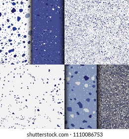Blue terrazzo background. Seamless pattern. Set of different marble surface. Vector illustration