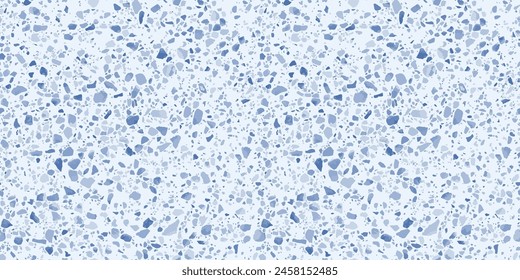 Blue terrazzo flooring seamless pattern. Vector realistic texture of mosaic floor with natural blue stones, granite, marble, quartzite, glass. Repeat design for ceramic, home decor, print, rendering