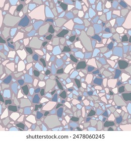 Blue terrazzo flooring seamless pattern. Vector texture of mosaic floor with purple stones, granite, marble, quartz. Classic Italian floor surface. Trendy repeat design for ceramic print