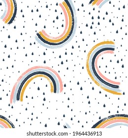 Blue terrazzo pain and simple painted rainbows seamless pattern. Simple stripy arcs on colorful rain texture. Childish vector background in Scandinavian style rainbows in bright multicolour palette 