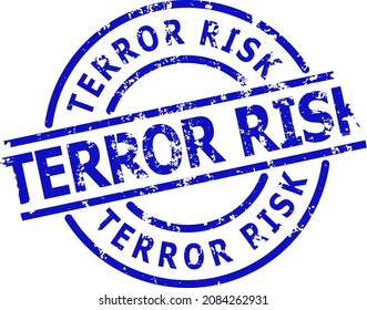 Blue TERROR RISK round seal stamp. TERROR RISK title is inside circle shape. Rough TERROR RISK seal stamp in blue color, with unclean texture.