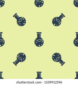 Blue Test tube and flask chemical laboratory test icon isolated seamless pattern on yellow background. Laboratory glassware sign.  Vector Illustration