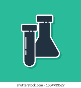 Blue Test tube and flask chemical laboratory test icon isolated on green background. Laboratory glassware sign.  Vector Illustration