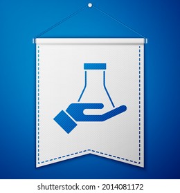 Blue Test tube and flask chemical laboratory test icon isolated on blue background. Laboratory glassware sign. White pennant template. Vector