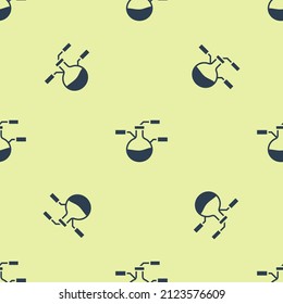 Blue Test tube and flask chemical laboratory test icon isolated seamless pattern on yellow background. Laboratory glassware sign.  Vector