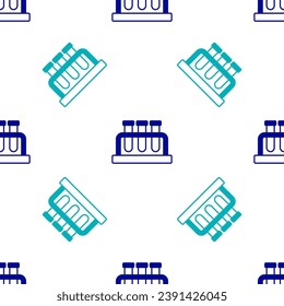 Blue Test tube and flask chemical laboratory test icon isolated seamless pattern on white background. Laboratory glassware sign.  Vector