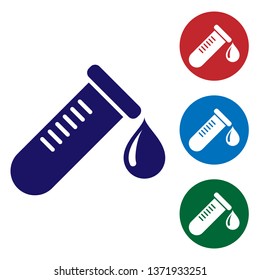 Blue Test tube or flask with drop of blood icon isolated on white background. Laboratory, chemical, scientific glassware sign. Set color icon in circle buttons. Vector Illustration