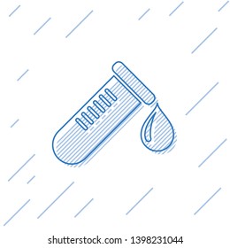 Blue Test tube or flask with drop of blood line icon isolated on white background. Laboratory, chemical, scientific glassware sign. Vector Illustration