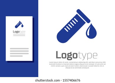Blue Test tube or flask with drop of blood icon isolated on white background. Laboratory, chemical, scientific glassware sign. Logo design template element. Vector Illustration