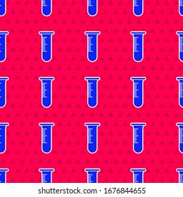 Blue Test tube and flask icon isolated seamless pattern on red background. Chemical laboratory test. Laboratory glassware.  Vector Illustration