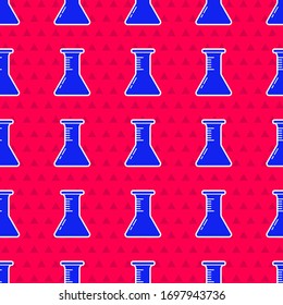 Blue Test tube and flask icon isolated seamless pattern on red background. Chemical laboratory test. Laboratory glassware.  Vector Illustration