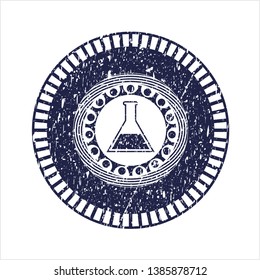 Blue test tube icon inside rubber stamp with grunge texture