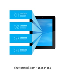 Blue Text Boxes With Realistic 3d Tablet Computer With Blue Sky Wallpaper  Eps 10 Vector Illustration 