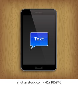 Blue text bubble in phone. Realistic vector illustration
