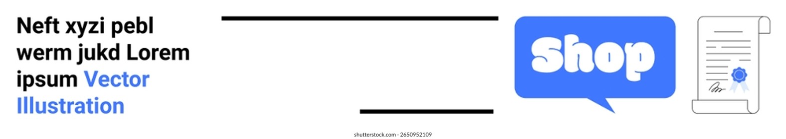 Bolha de texto azul com Word Shop e um ícone de documento à direita. Texto preto à esquerda com preenchimento Lorem Ipsum. Ideal para banners de lojas on-line, e-commerce, materiais de marketing, web design e publicidade