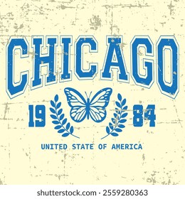 BLUE TEXT CHICAGO BUTTERFLY AND PLANTS GRUNGE BACKGROUND