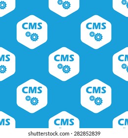 Blue text CMS with gears in white hexagon, repeated on blue