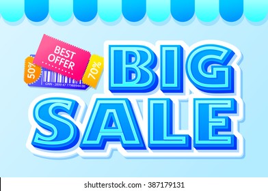 Blue text composition with coupons for sale and discounts in cartoon style