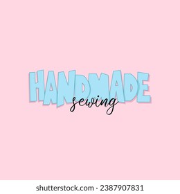 Blue text handmade sewing on pink background