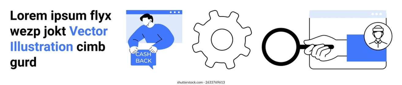 Blue text, person receiving cash back, gear, magnifying glass, hand holding credit card. Ideal for web development, e-commerce, financial services, tech gear, marketing, customer service, educational