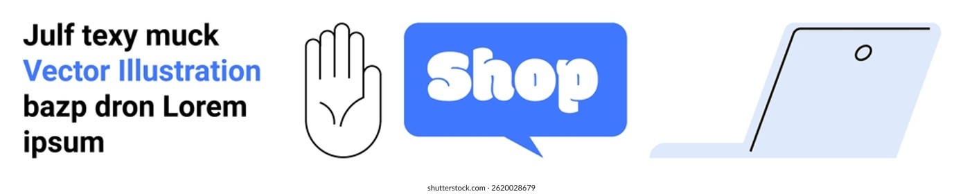 Blue text and shopping word bubble with hand icon and laptop. Ideal for online shopping, user interaction, ecommerce, digital marketing, sales promotion. Banner for landing page