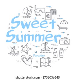 Blue text Sweet Summer with linear summer time icons