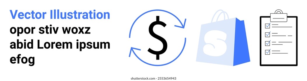 Blue text Vector Illustration. Blue dollar sign with circular arrows. Blue and white shopping bag with S symbol. Black and white checklist. Ideal for financial transactions, ecommerce, shopping