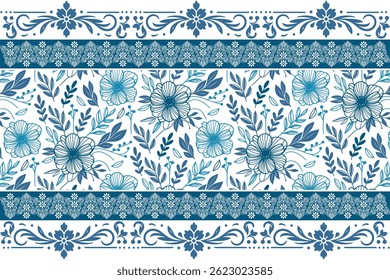 blue textile botanical print. seamless floral sketch. modern flower outline. one line elegant petals. embroidery border design. clean repeat wallpaper
