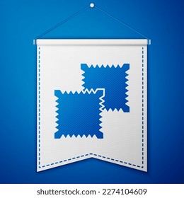 Blue Textile fabric roll icon isolated on blue background. Roll, mat, rug, cloth, carpet or paper roll icon. White pennant template. Vector