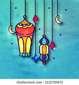 Fondo De Textura Azul Decorado Con Linternas Árabes Coloridas Colgantes, Forma De Diamante, Estrellas, Luna Creciente Y Efecto De Las Luces Para El Concepto Del Festival Islámico.